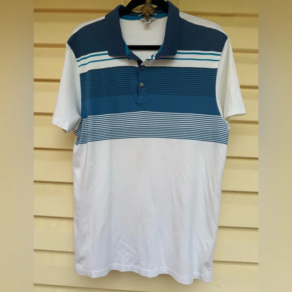 Calvin Klein Liquid Cotton White & Blue Stripes Polo Shirt, Size XL/TG